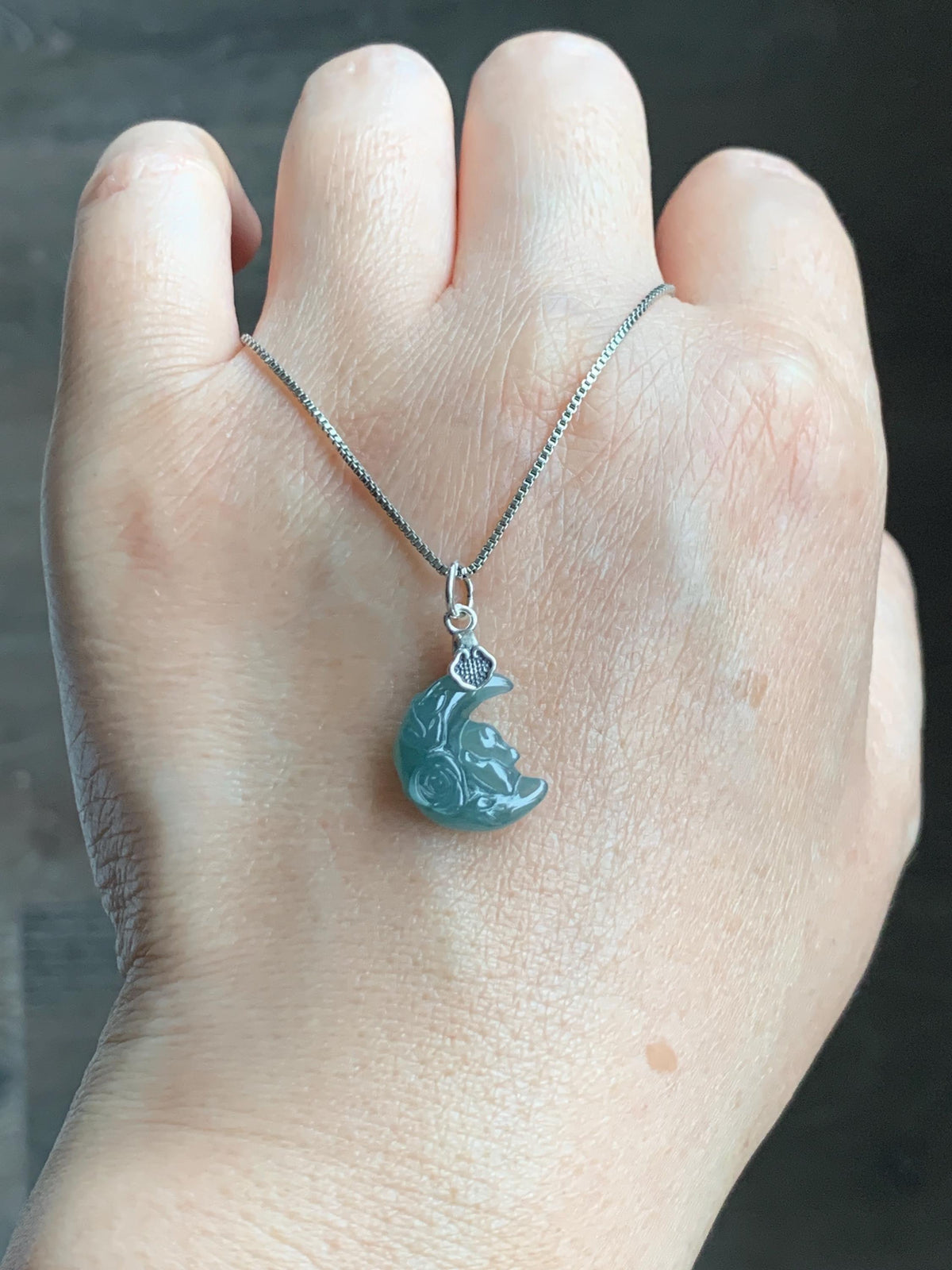 Natural Grade A Guatemalan Icy Translucent Dusty Teal Jade Jadeite Rabbit Crescent Moon Petite Pendant Sterling Silver 天然冰危蓝翡翠迷你月亮兔吊坠WLK180Y