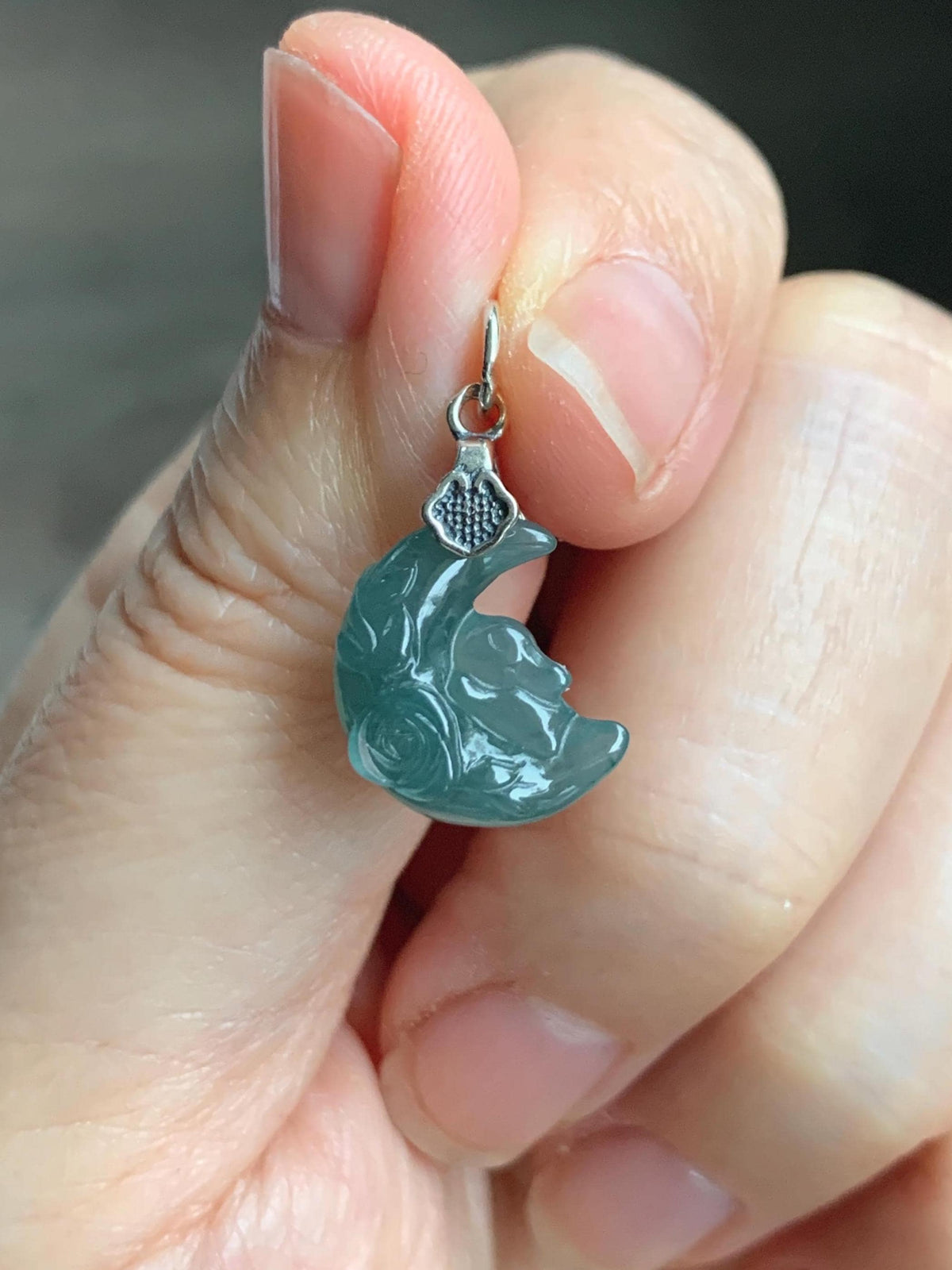 Natural Grade A Guatemalan Icy Translucent Dusty Teal Jade Jadeite Rabbit Crescent Moon Petite Pendant Sterling Silver 天然冰危蓝翡翠迷你月亮兔吊坠WLK180Y