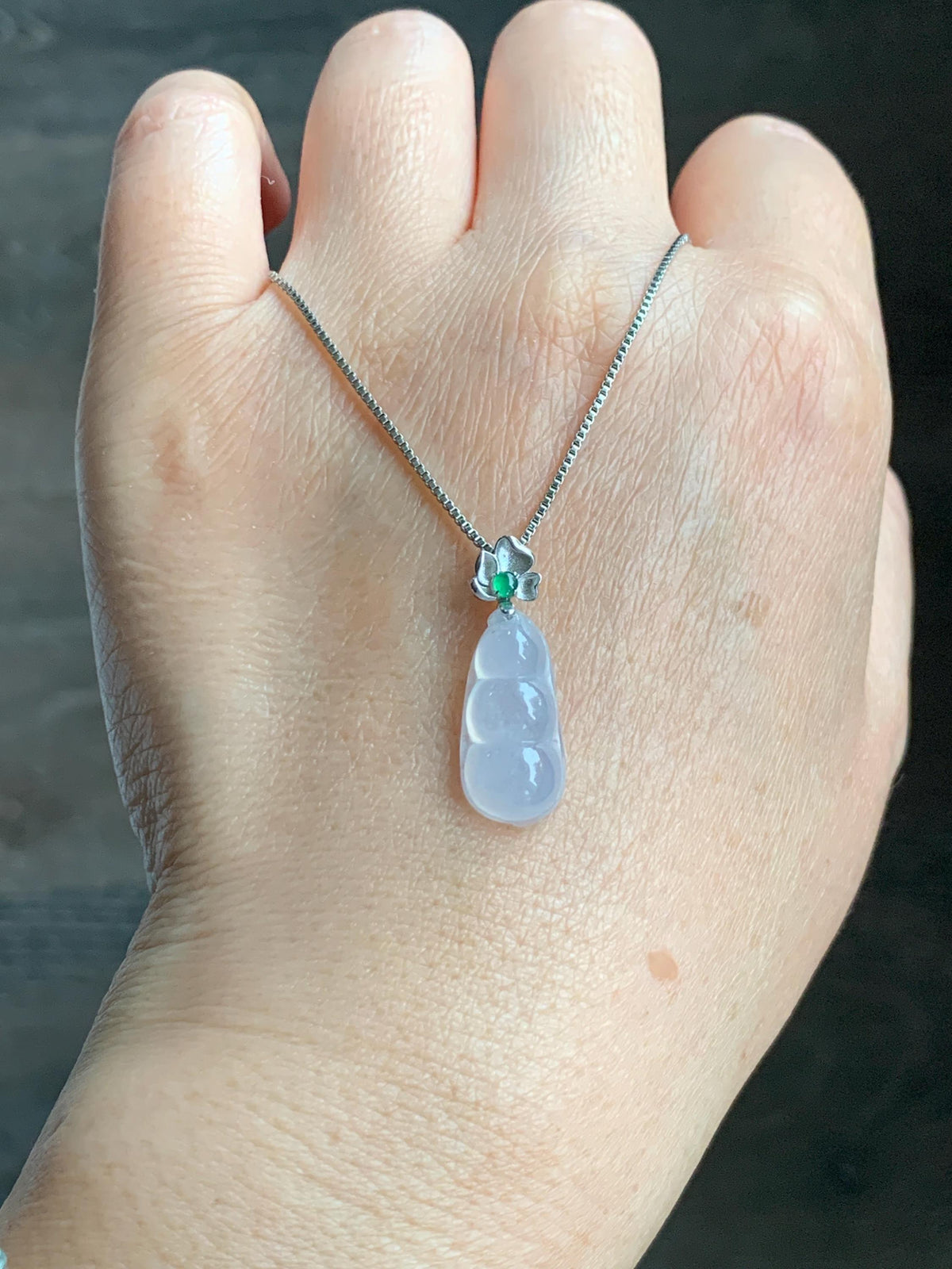 Certified Natural Grade A Icy Translucent White Jade Jadeite Lucky Peapod Petite Pendant Sterling Silver 2g 天然白冰胶翡翠小福豆吊坠 1161