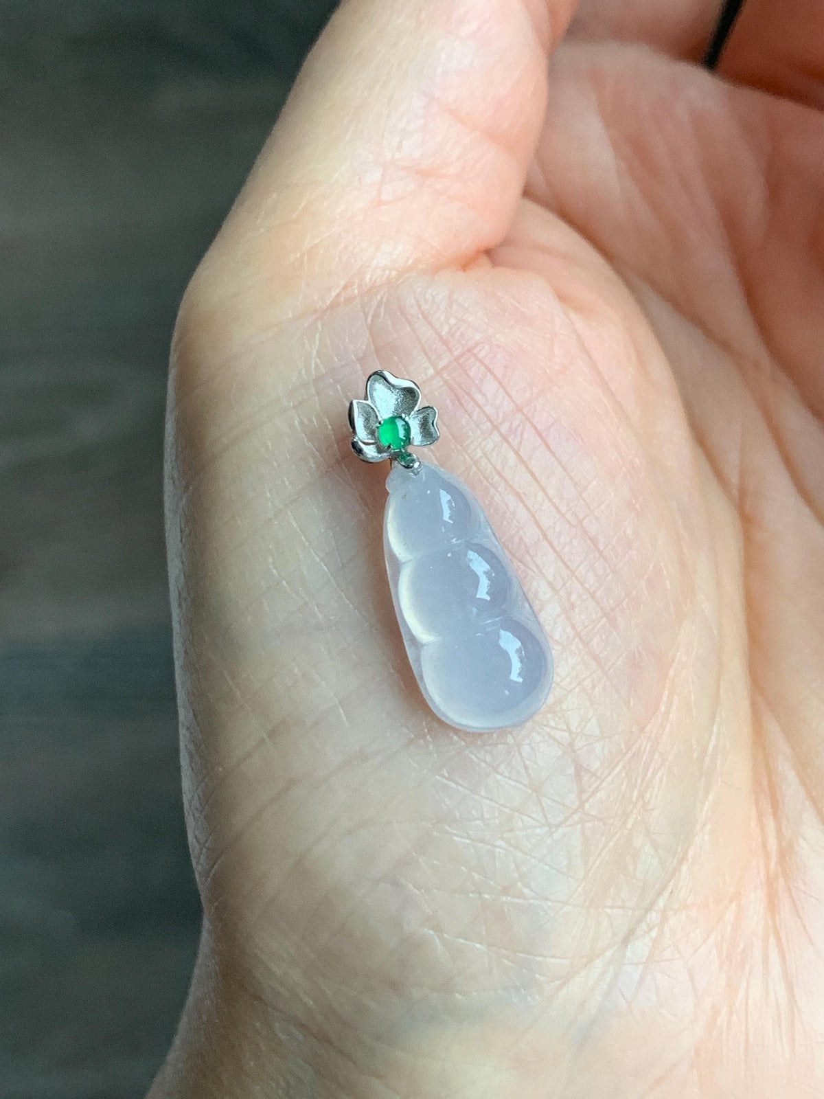 Certified Natural Grade A Icy Translucent White Jade Jadeite Lucky Peapod Petite Pendant Sterling Silver 2g 天然白冰胶翡翠小福豆吊坠 1161