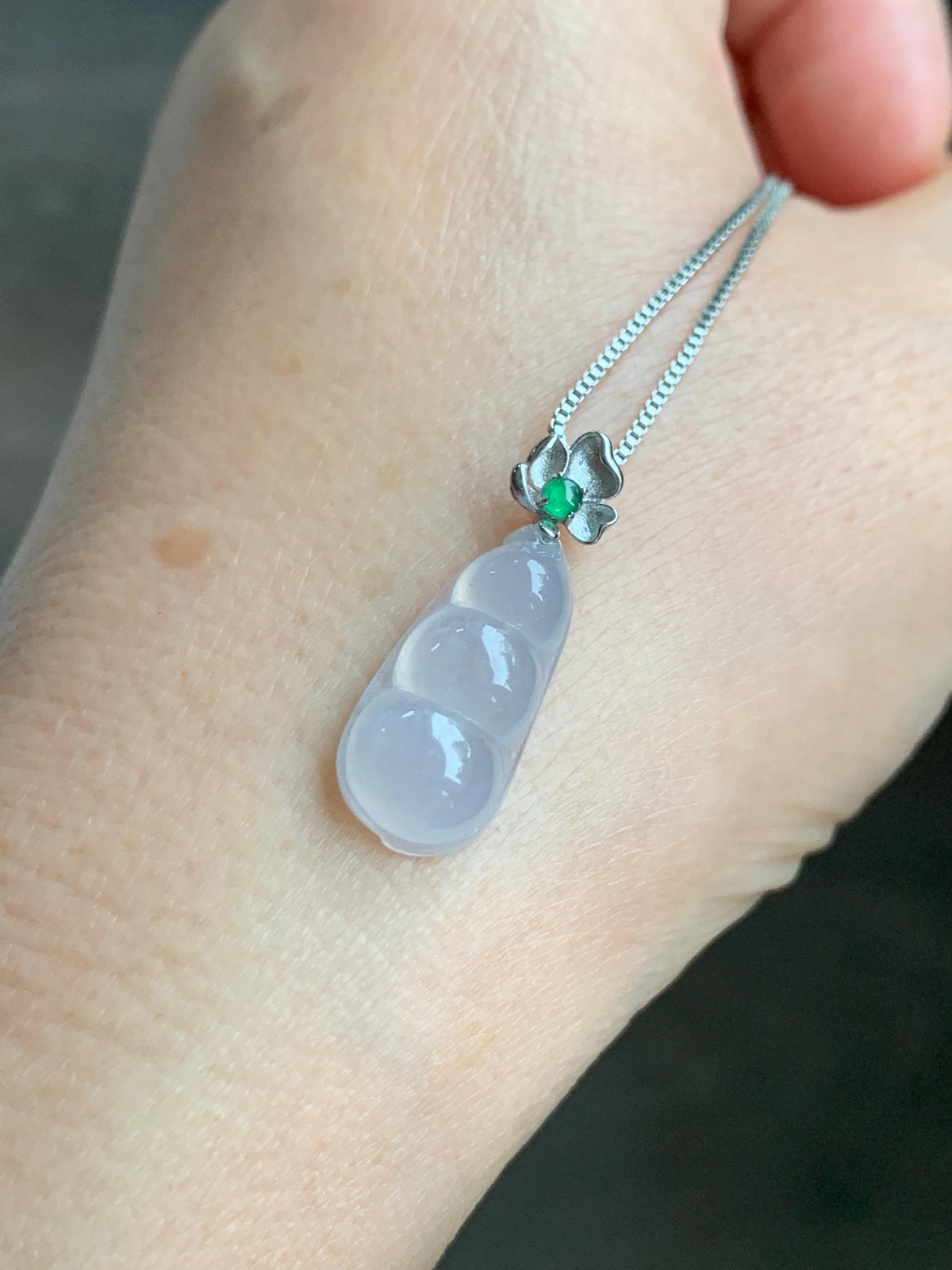Certified Natural Grade A Icy Translucent White Jade Jadeite Lucky Peapod Petite Pendant Sterling Silver 2g 天然白冰胶翡翠小福豆吊坠 1161