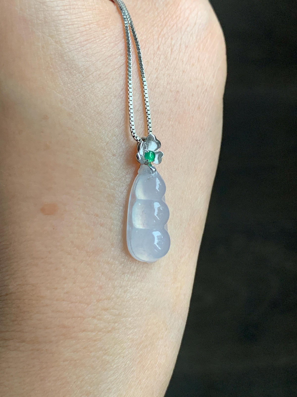 Certified Natural Grade A Icy Translucent White Jade Jadeite Lucky Peapod Petite Pendant Sterling Silver 2g 天然白冰胶翡翠小福豆吊坠 1161