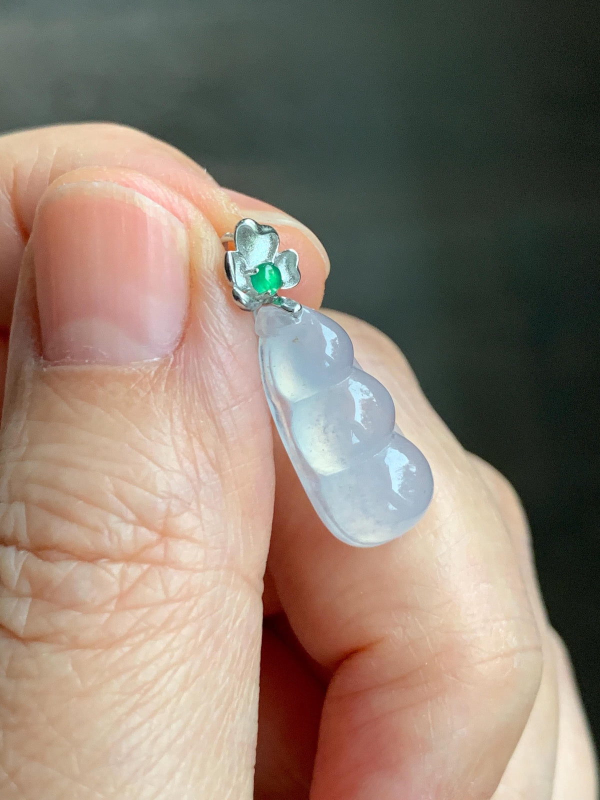Certified Natural Grade A Icy Translucent White Jade Jadeite Lucky Peapod Petite Pendant Sterling Silver 2g 天然白冰胶翡翠小福豆吊坠 1161