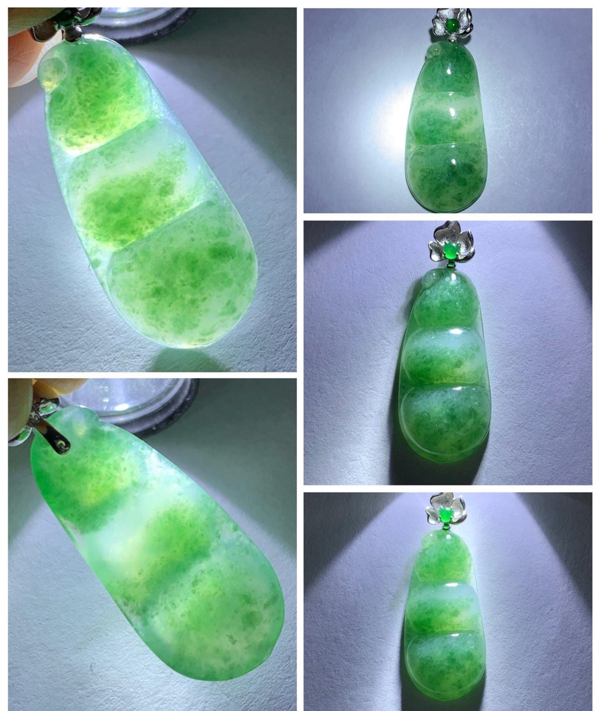Certified Natural Grade A Icy Translucent Green Marbled Jade Jadeite Lucky Peapod Pendant Sterling Silver 2.33g 天然冰胶飘绿花翡翠福豆吊坠 1237