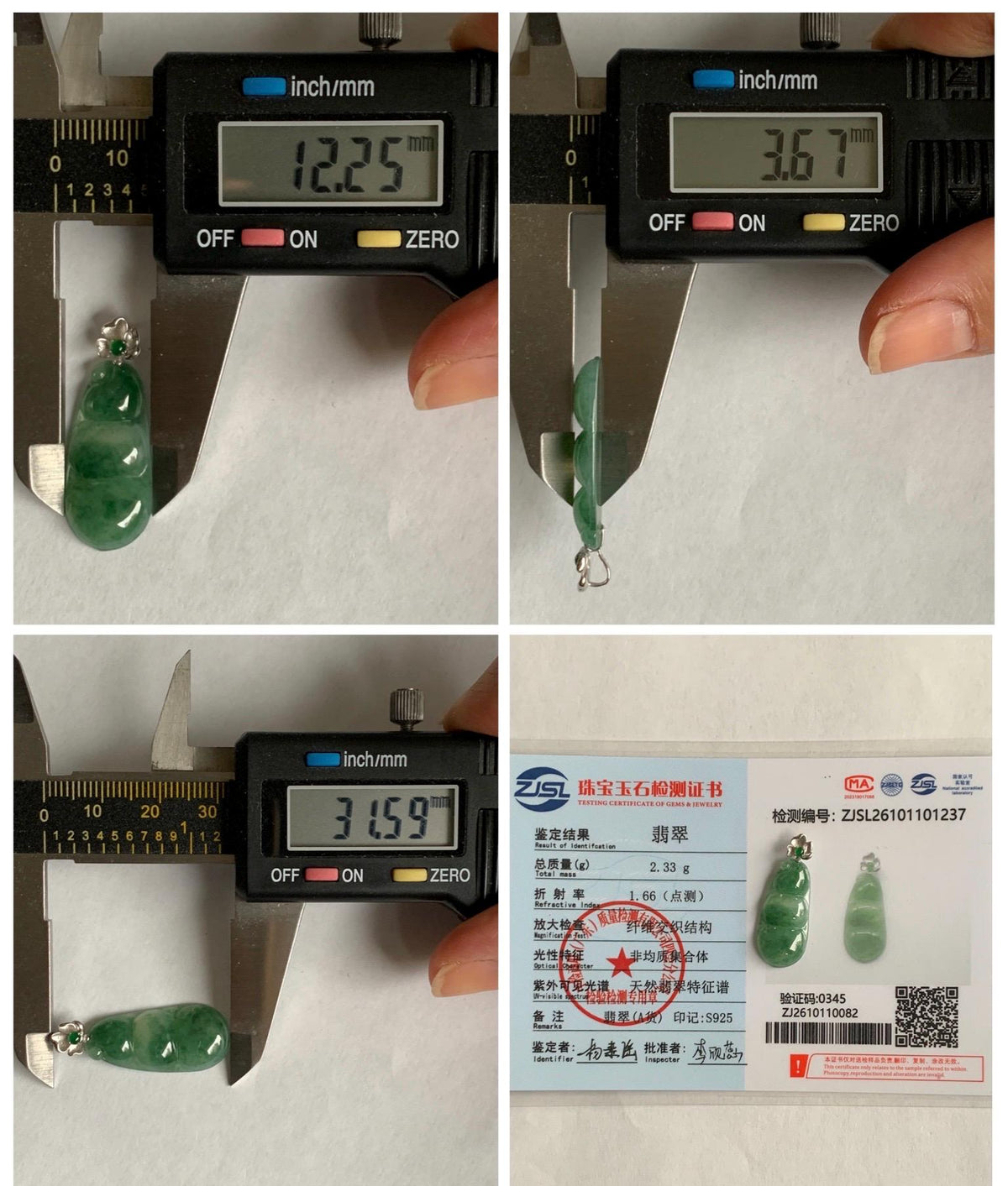 Certified Natural Grade A Icy Translucent Green Marbled Jade Jadeite Lucky Peapod Pendant Sterling Silver 2.33g 天然冰胶飘绿花翡翠福豆吊坠 1237