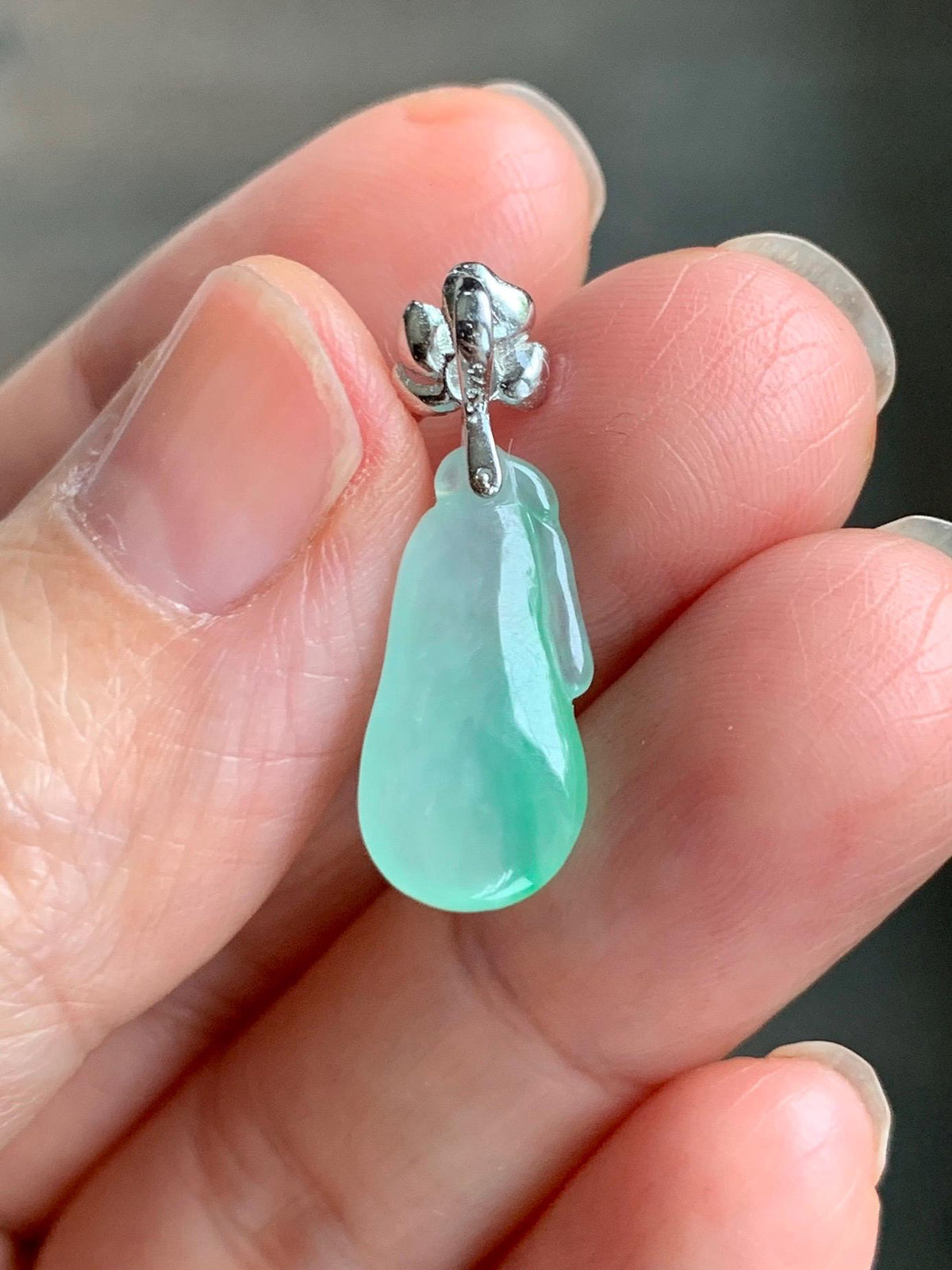 Certified Natural Grade A Icy Translucent White & Green Jade Jadeite Lucky Gourd Petite Pendant Sterling Silver 1.34g 天然冰胶阳绿花翡翠小福瓜吊坠 1160