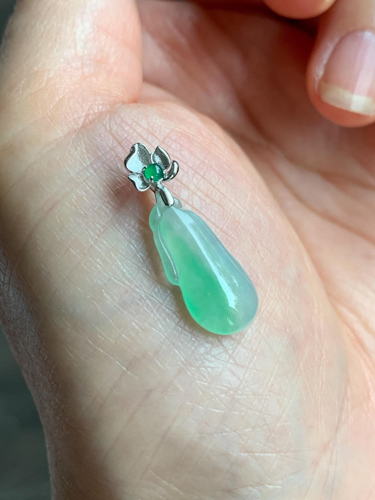 Certified Natural Grade A Icy Translucent White & Green Jade Jadeite Lucky Gourd Petite Pendant Sterling Silver 1.34g 天然冰胶阳绿花翡翠小福瓜吊坠 1160