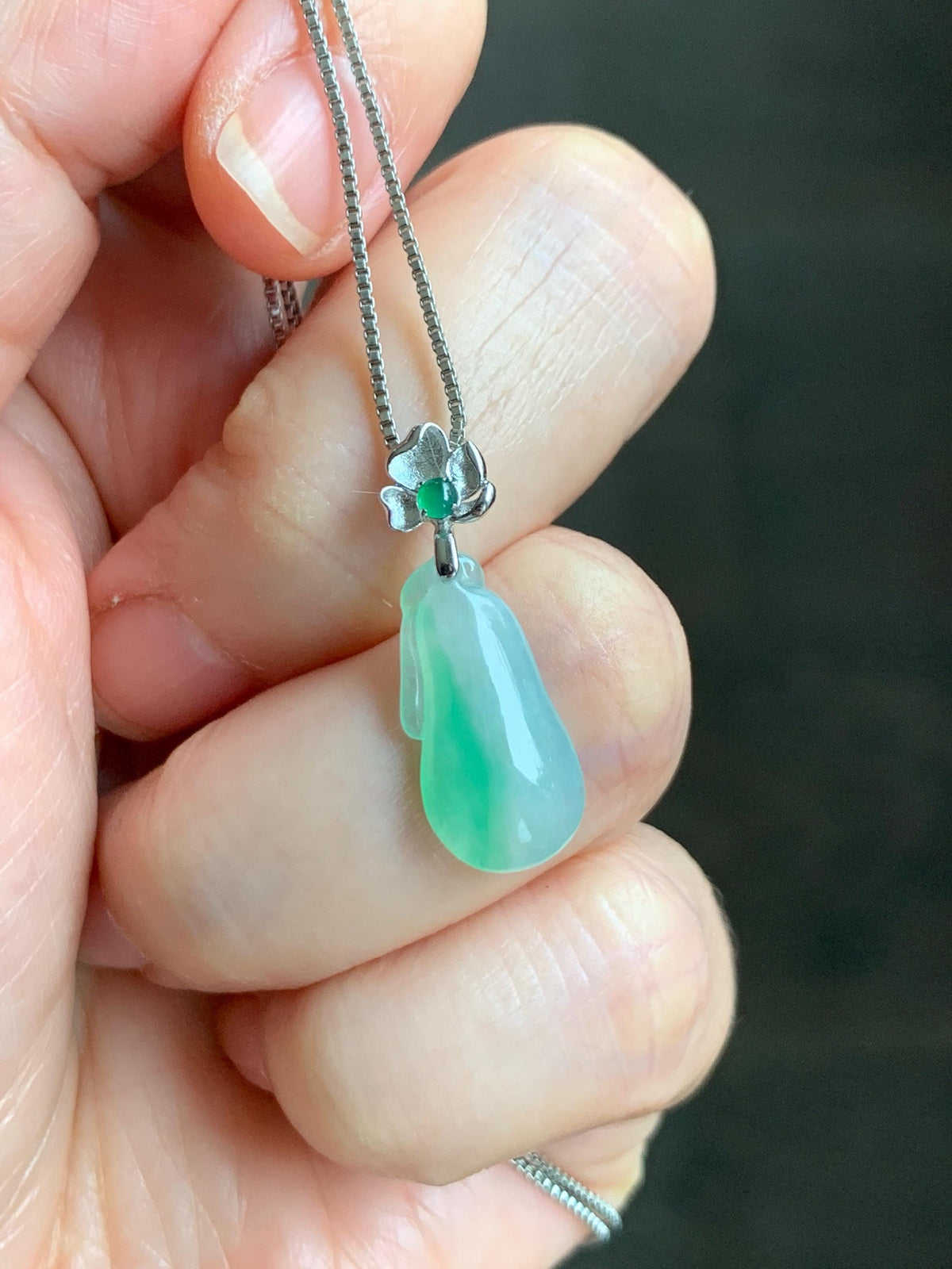 Certified Natural Grade A Icy Translucent White & Green Jade Jadeite Lucky Gourd Petite Pendant Sterling Silver 1.34g 天然冰胶阳绿花翡翠小福瓜吊坠 1160