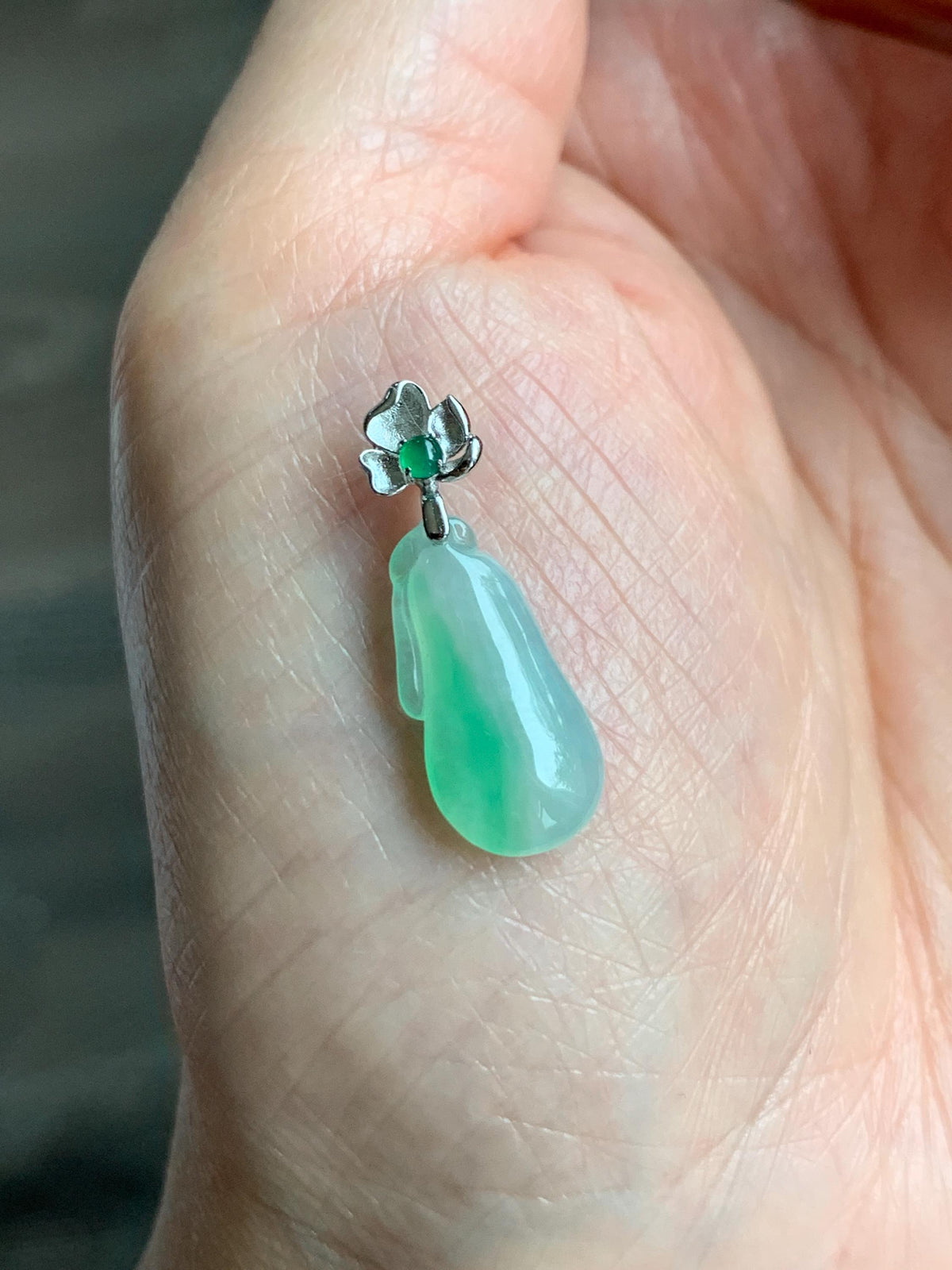 Certified Natural Grade A Icy Translucent White & Green Jade Jadeite Lucky Gourd Petite Pendant Sterling Silver 1.34g 天然冰胶阳绿花翡翠小福瓜吊坠 1160