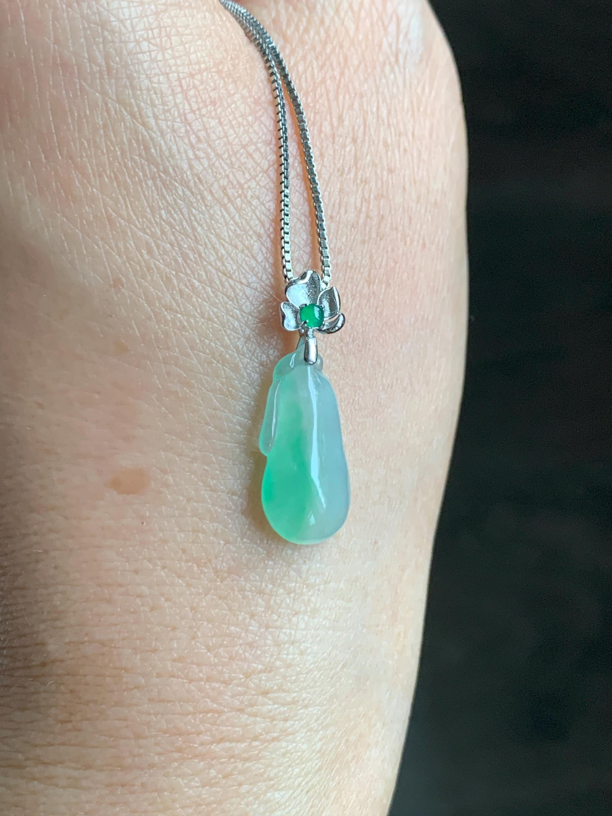 Certified Natural Grade A Icy Translucent White & Green Jade Jadeite Lucky Gourd Petite Pendant Sterling Silver 1.34g 天然冰胶阳绿花翡翠小福瓜吊坠 1160