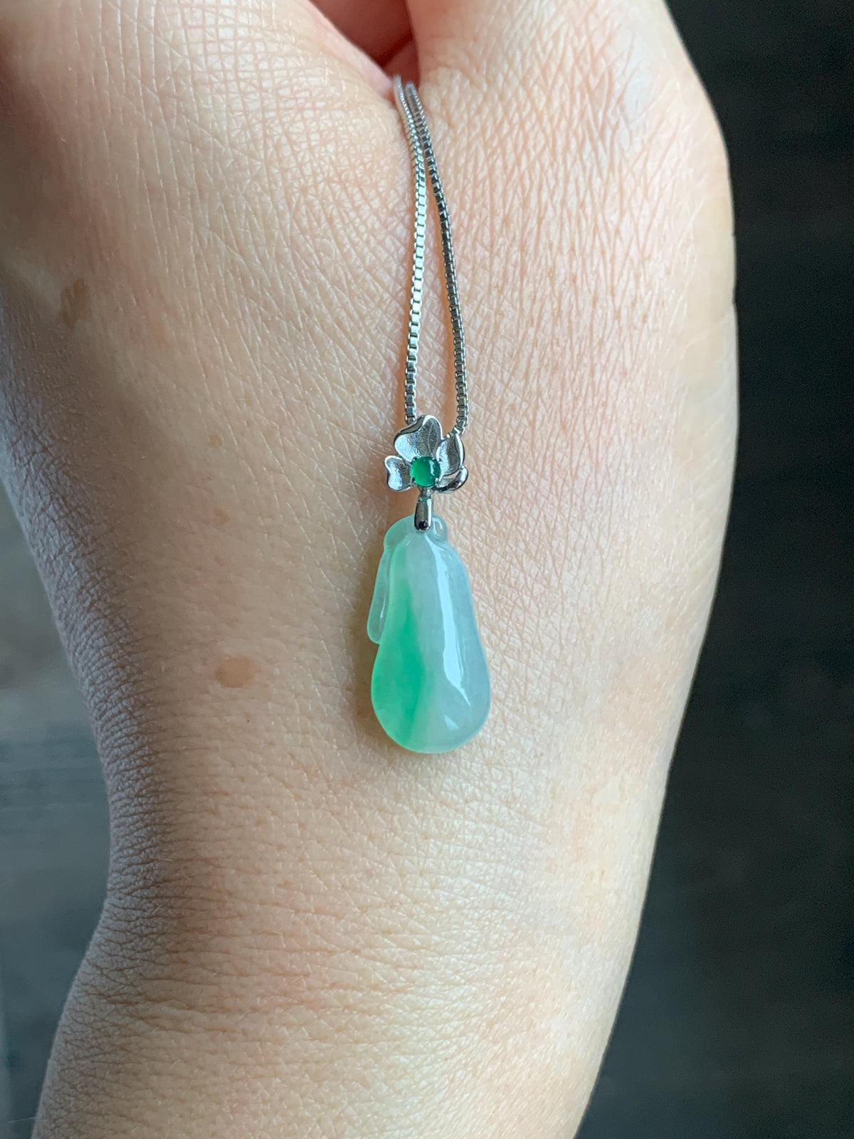 Certified Natural Grade A Icy Translucent White & Green Jade Jadeite Lucky Gourd Petite Pendant Sterling Silver 1.34g 天然冰胶阳绿花翡翠小福瓜吊坠 1160