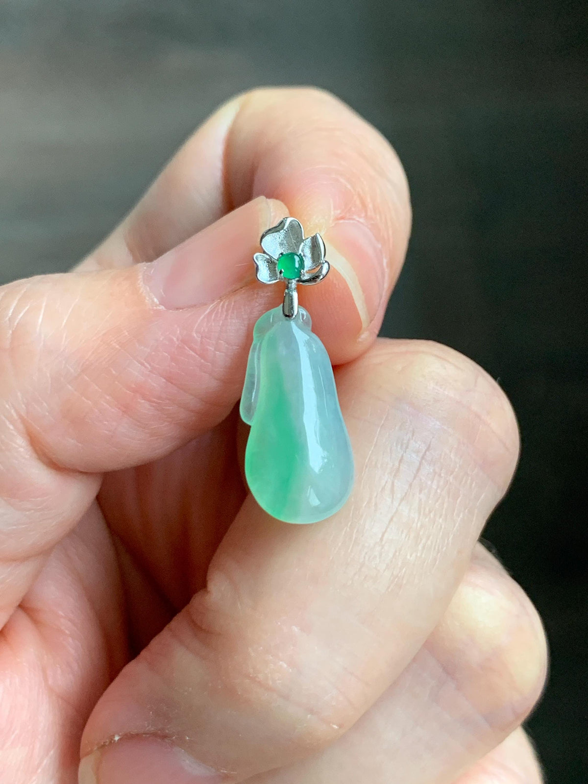 Certified Natural Grade A Icy Translucent White & Green Jade Jadeite Lucky Gourd Petite Pendant Sterling Silver 1.34g 天然冰胶阳绿花翡翠小福瓜吊坠 1160