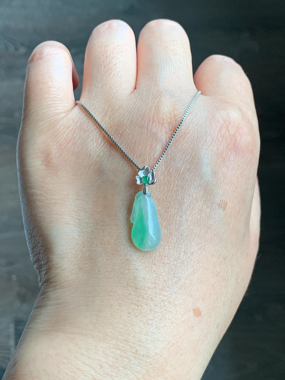 Certified Natural Grade A Icy Translucent White & Green Jade Jadeite Lucky Gourd Petite Pendant Sterling Silver 1.34g 天然冰胶阳绿花翡翠小福瓜吊坠 1160
