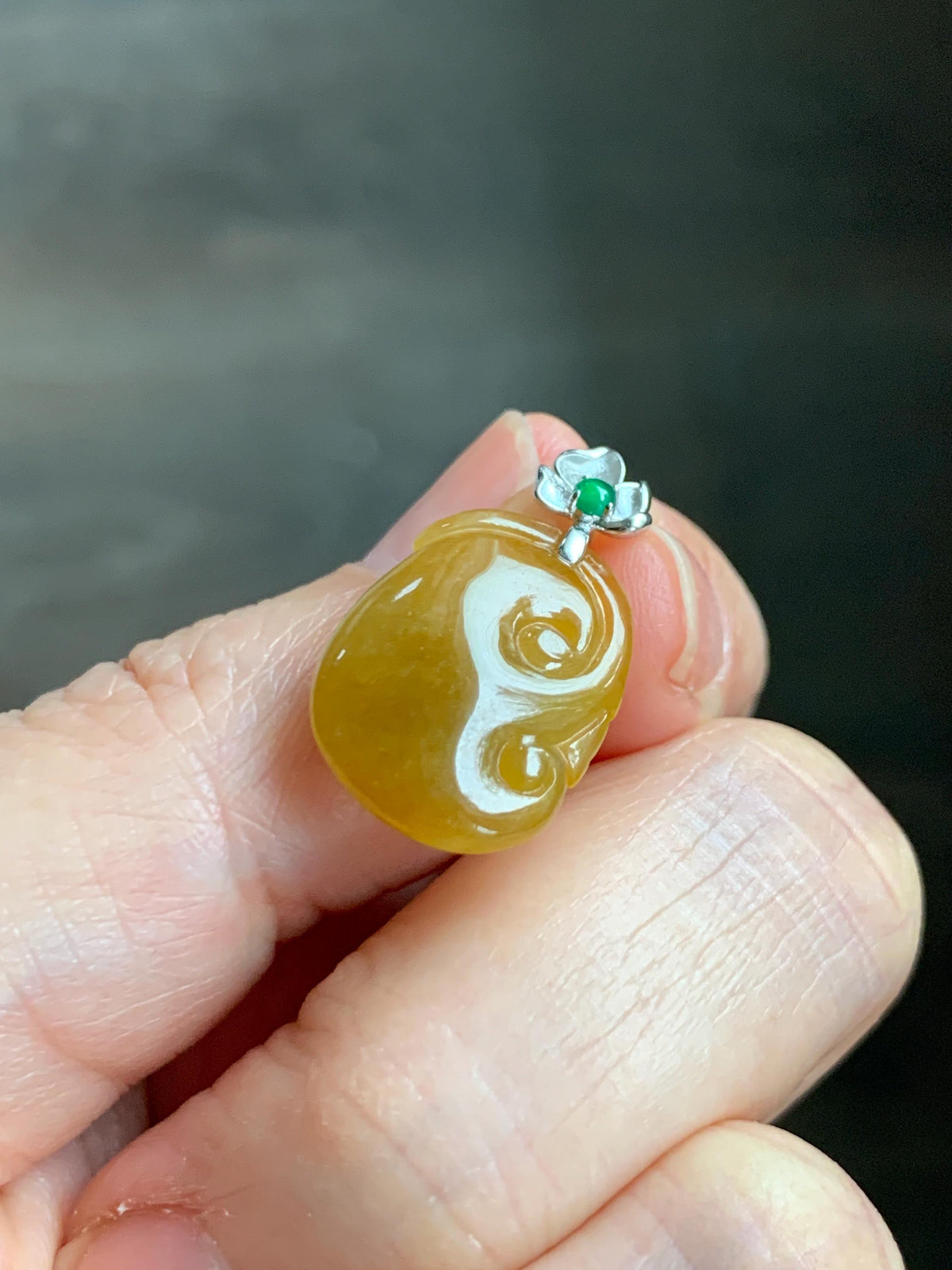 Certified Natural Grade A Icy Translucent Rich Dark Yellow Jade Jadeite Ruyi Amulet Petite Pendant Sterling Silver 1.95g 天然冰胶鸡油黄翡翠如意吊坠 1162
