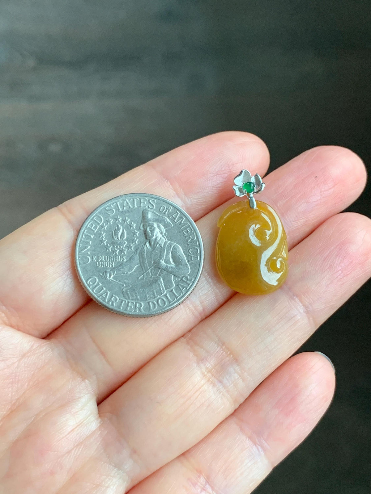 Certified Natural Grade A Icy Translucent Rich Dark Yellow Jade Jadeite Ruyi Amulet Petite Pendant Sterling Silver 1.95g 天然冰胶鸡油黄翡翠如意吊坠 1162