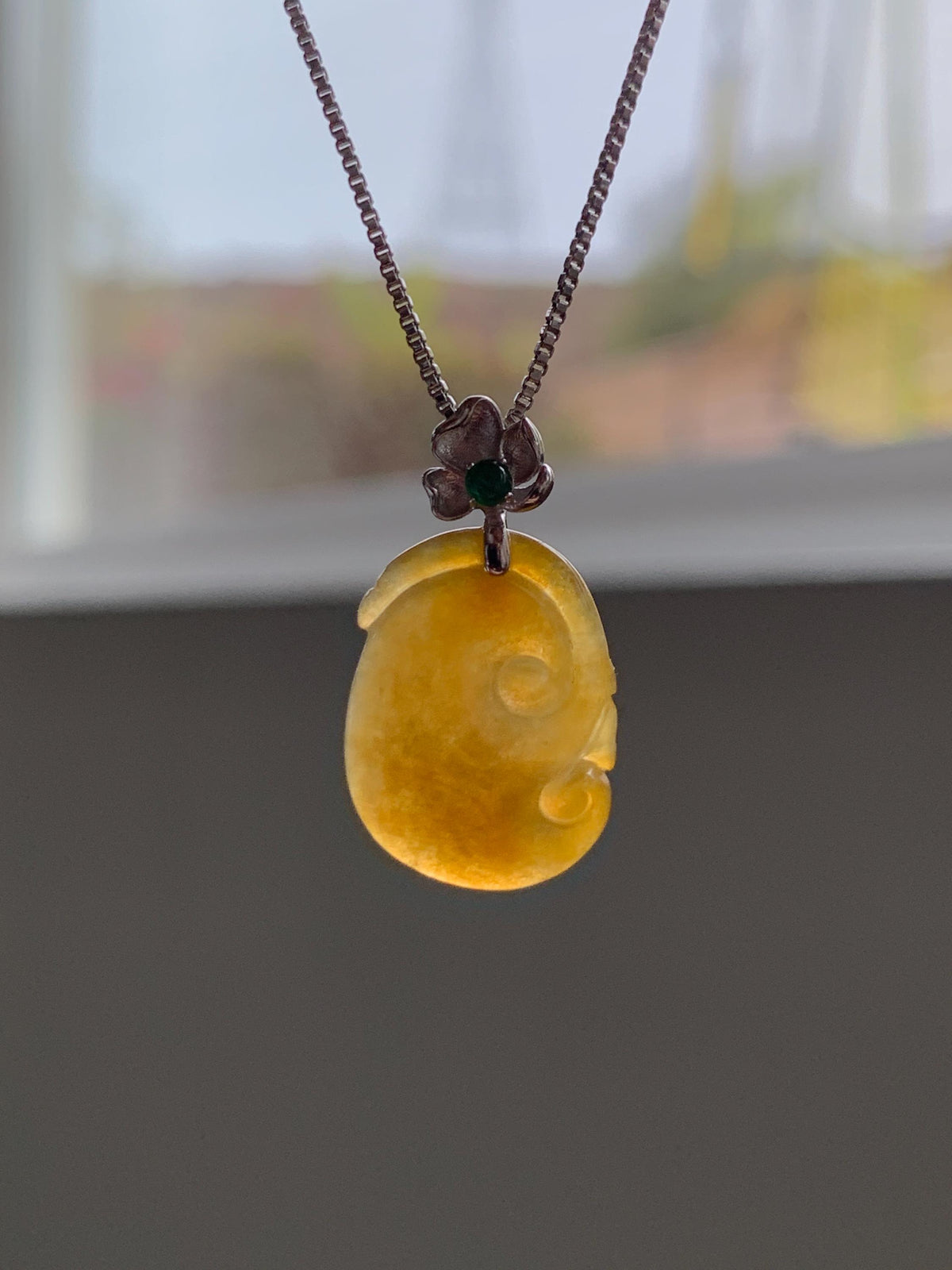 Certified Natural Grade A Icy Translucent Rich Dark Yellow Jade Jadeite Ruyi Amulet Petite Pendant Sterling Silver 1.95g 天然冰胶鸡油黄翡翠如意吊坠 1162