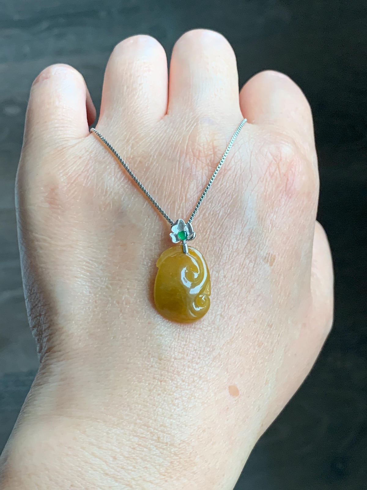 Certified Natural Grade A Icy Translucent Rich Dark Yellow Jade Jadeite Ruyi Amulet Petite Pendant Sterling Silver 1.95g 天然冰胶鸡油黄翡翠如意吊坠 1162