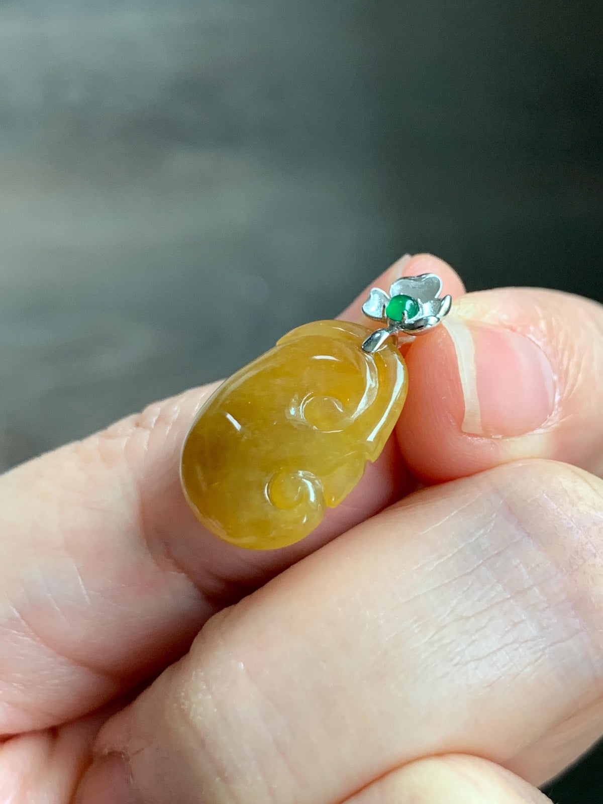 Certified Natural Grade A Icy Translucent Rich Dark Yellow Jade Jadeite Ruyi Amulet Petite Pendant Sterling Silver 1.95g 天然冰胶鸡油黄翡翠如意吊坠 1162