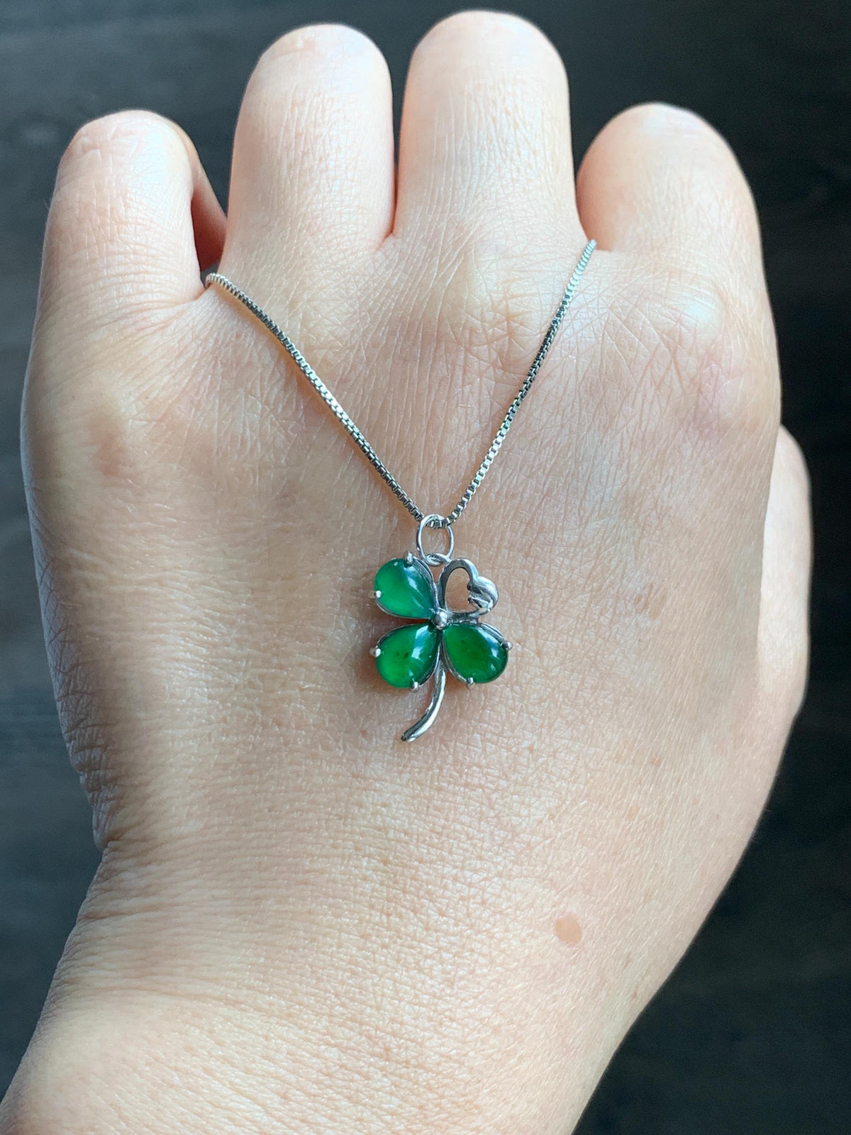 Natural Grade A Guatemalan Icy Translucent Vibrant Green Teardrop Jade Jadeite Clover Leaf Pendant Sterling Silver 天然冰危绿水滴翡翠四叶草镶嵌吊坠 WLC165