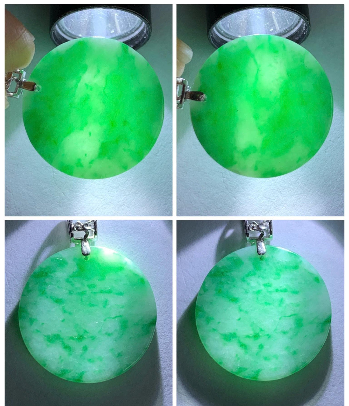 Petite Natural Grade A Icy Translucent Green Marbled Jade Jadeite Round Wu Shi Pai Pendant Sterling Silver 天然冰飘绿花翡翠无事牌镶嵌吊坠 MYL275B