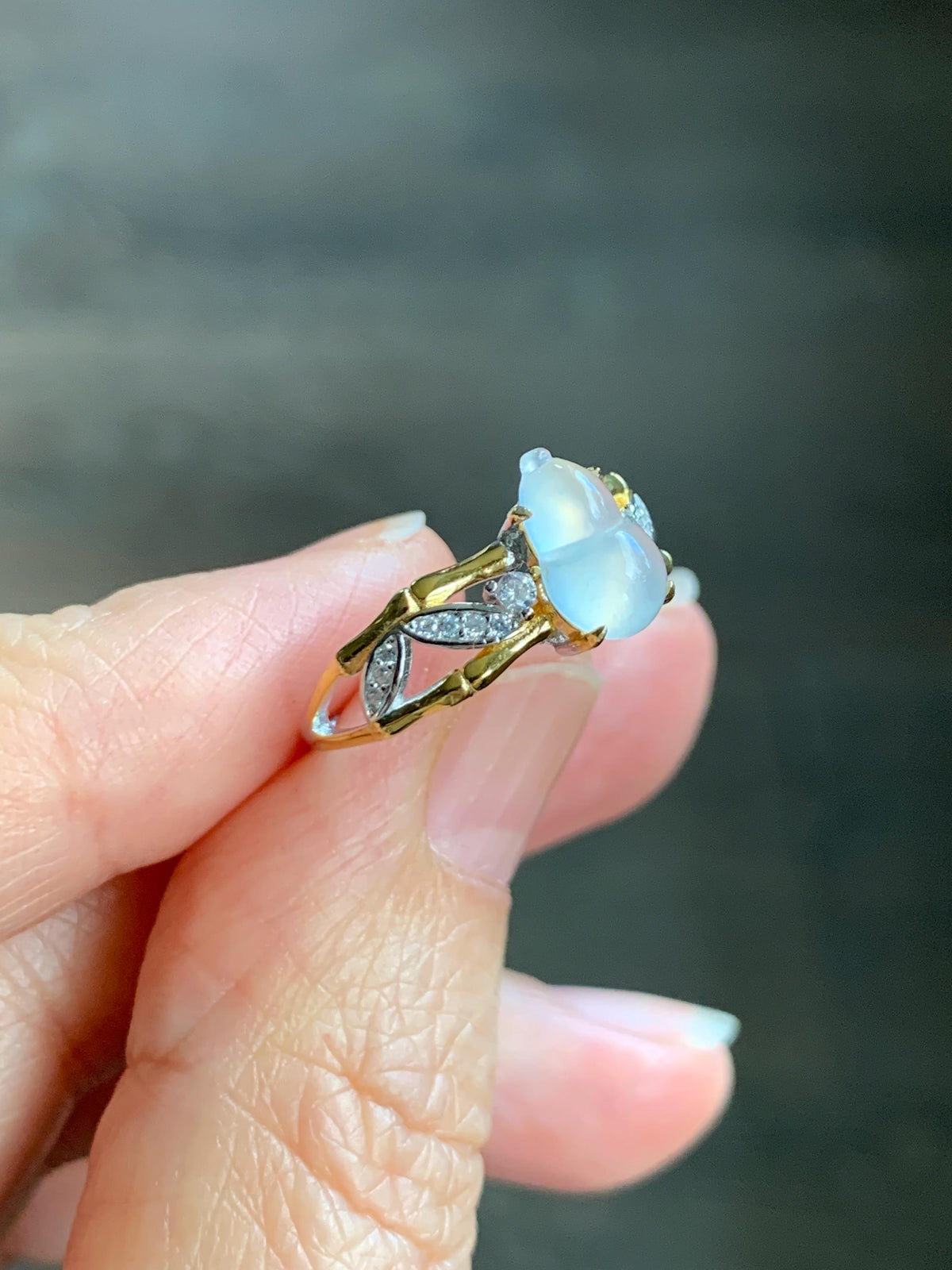 Natural Grade A Icy Highly Translucent White Jade Jadeite Gourd Hulu Ring Sterling Silver Size 7 Adjustable 天然白冰起光翡翠葫芦戒指 MBH140