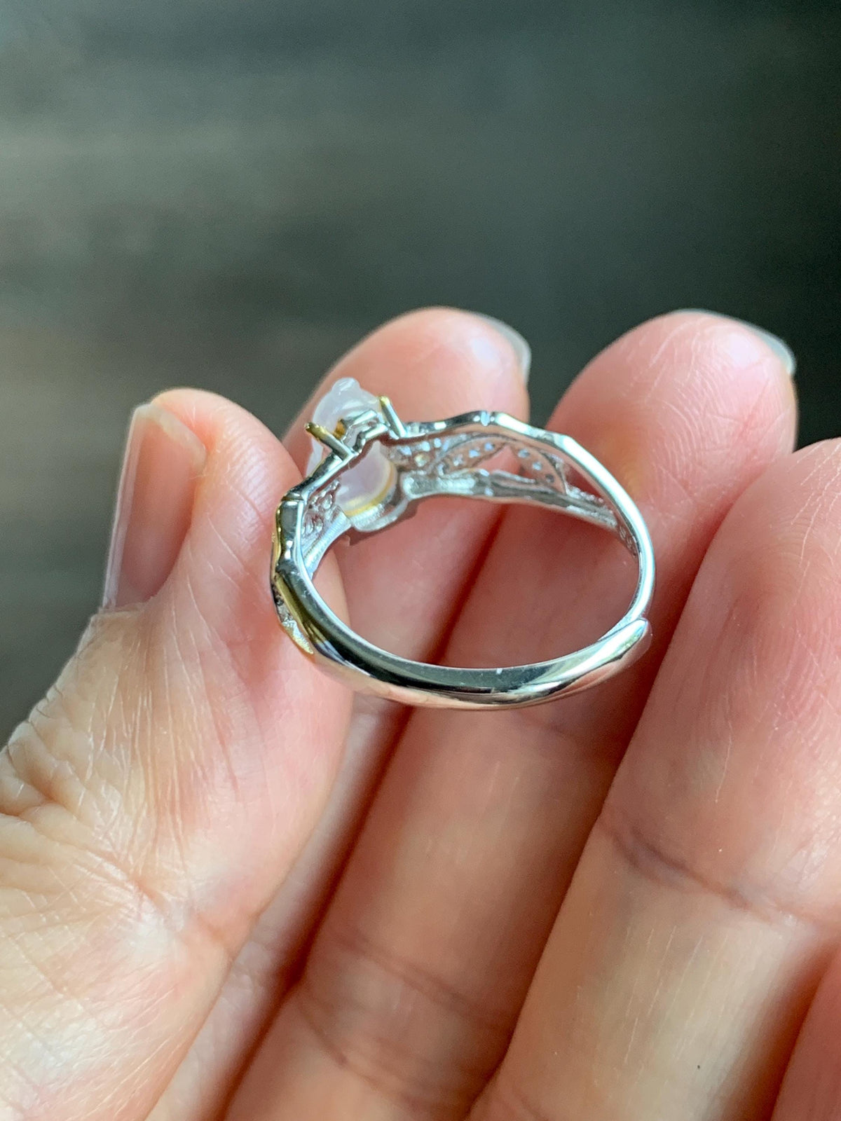 Natural Grade A Icy Highly Translucent White Jade Jadeite Gourd Hulu Ring Sterling Silver Size 7 Adjustable 天然白冰起光翡翠葫芦戒指 MBH140