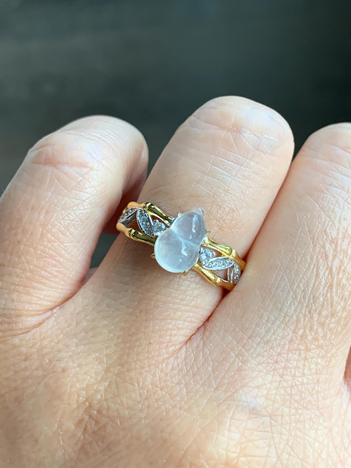 Natural Grade A Icy Highly Translucent White Jade Jadeite Gourd Hulu Ring Sterling Silver Size 7 Adjustable 天然白冰起光翡翠葫芦戒指 MBH140