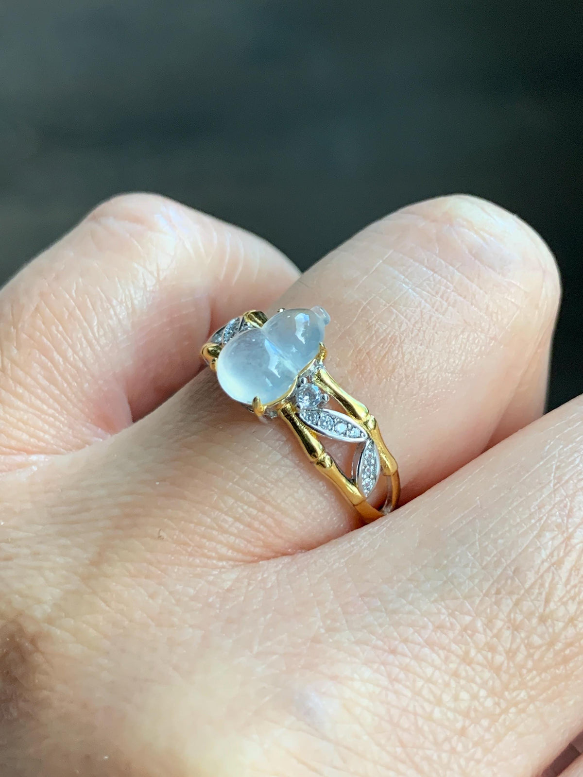 Natural Grade A Icy Highly Translucent White Jade Jadeite Gourd Hulu Ring Sterling Silver Size 7 Adjustable 天然白冰起光翡翠葫芦戒指 MBH140