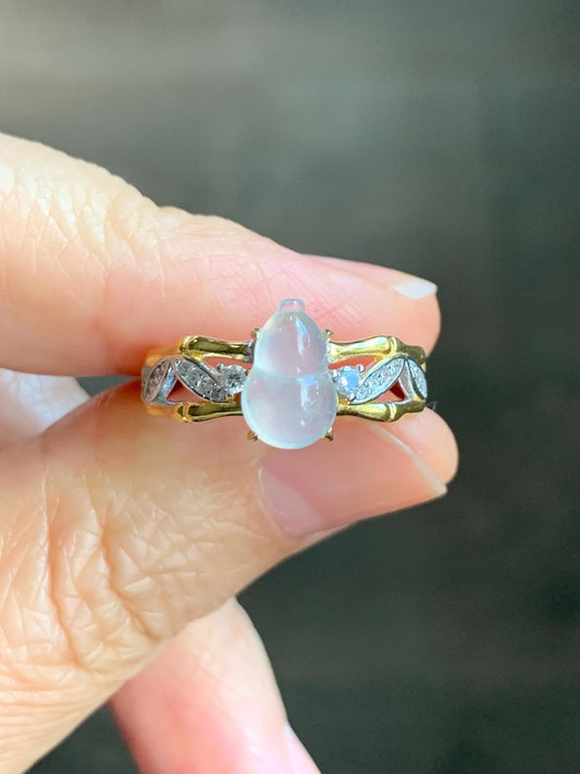 Natural Grade A Icy Highly Translucent White Jade Jadeite Gourd Hulu Ring Sterling Silver Size 7 Adjustable 天然白冰起光翡翠葫芦戒指 MBH140