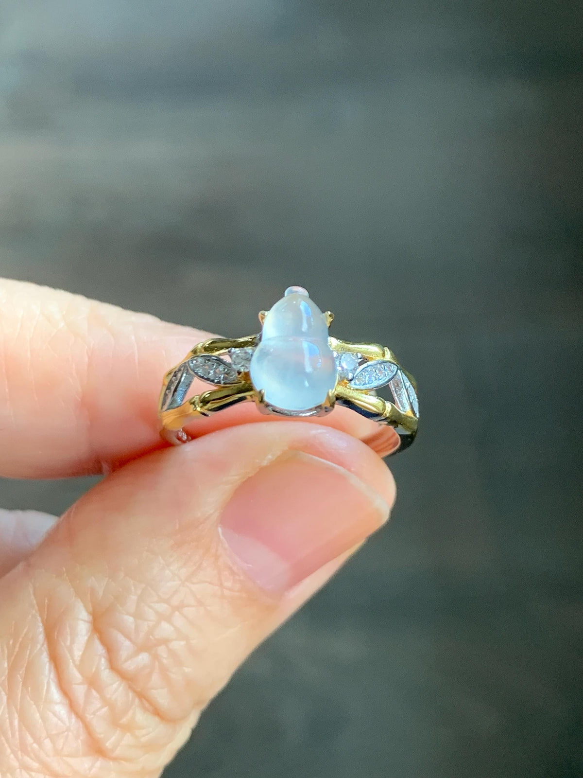 Natural Grade A Icy Highly Translucent White Jade Jadeite Gourd Hulu Ring Sterling Silver Size 7 Adjustable 天然白冰起光翡翠葫芦戒指 MBH140