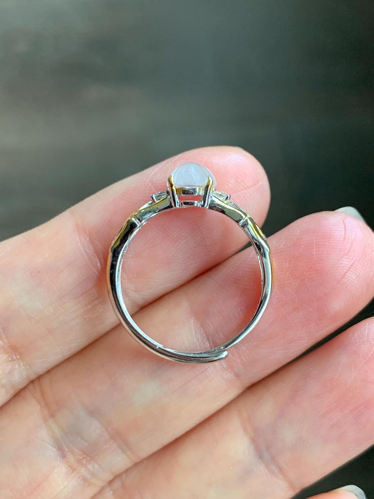 Natural Grade A Icy Highly Translucent White Jade Jadeite Gourd Hulu Ring Sterling Silver Size 7 Adjustable 天然白冰起光翡翠葫芦戒指 MBH140