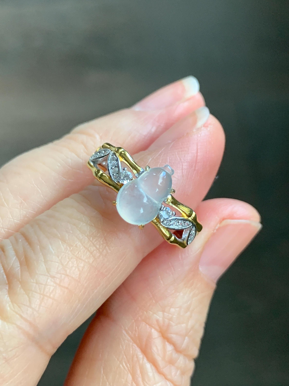 Natural Grade A Icy Highly Translucent White Jade Jadeite Gourd Hulu Ring Sterling Silver Size 7 Adjustable 天然白冰起光翡翠葫芦戒指 MBH140
