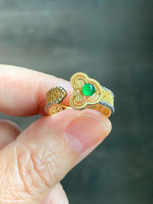 Natural Guatemalan Icy Translucent Vibrant Green Jade Jadeite Ruyi Open Band Ring Sterling Silver Size 7 US Adjustable 天然冰危绿翡翠如意开口银镶戒指 WLR77
