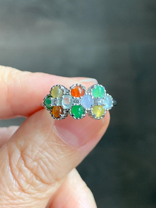 Certified Natural Grade A Icy Translucent Multicolored Jade Jadeite Ring Sterling Silver Size 7 US Adjustable 2.48g 天然冰多宝翡翠银镶戒指 1158