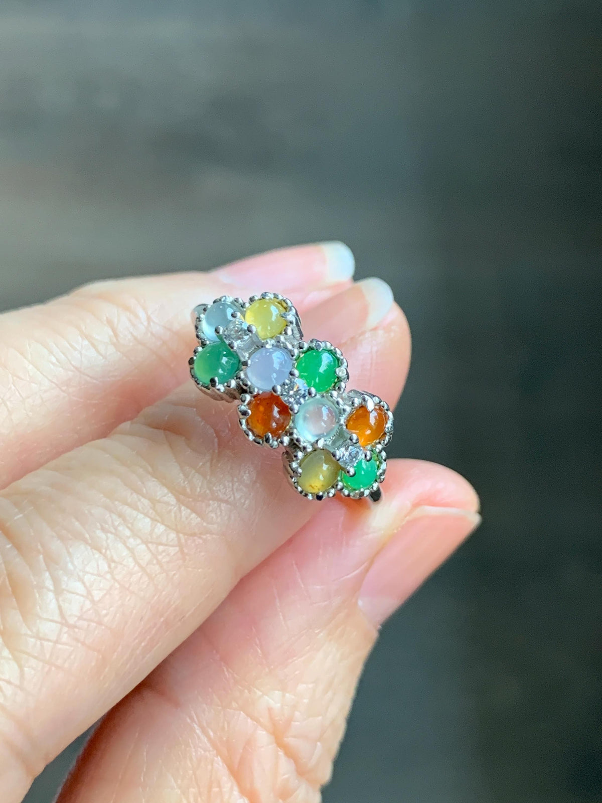 Certified Natural Grade A Icy Translucent Multicolored Jade Jadeite Ring Sterling Silver Size 7 US Adjustable 2.48g 天然冰多宝翡翠银镶戒指 1158