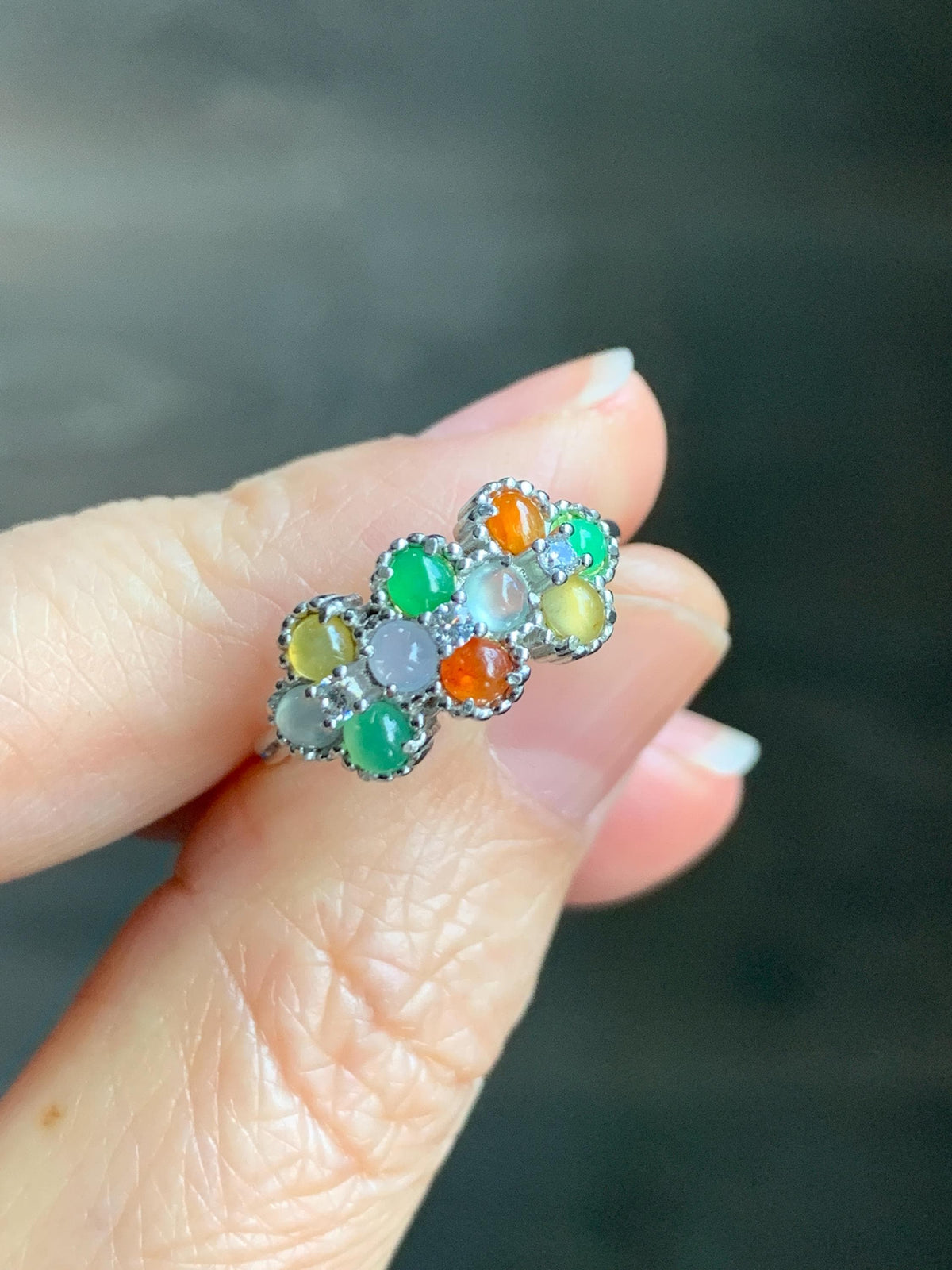 Certified Natural Grade A Icy Translucent Multicolored Jade Jadeite Ring Sterling Silver Size 7 US Adjustable 2.48g 天然冰多宝翡翠银镶戒指 1158