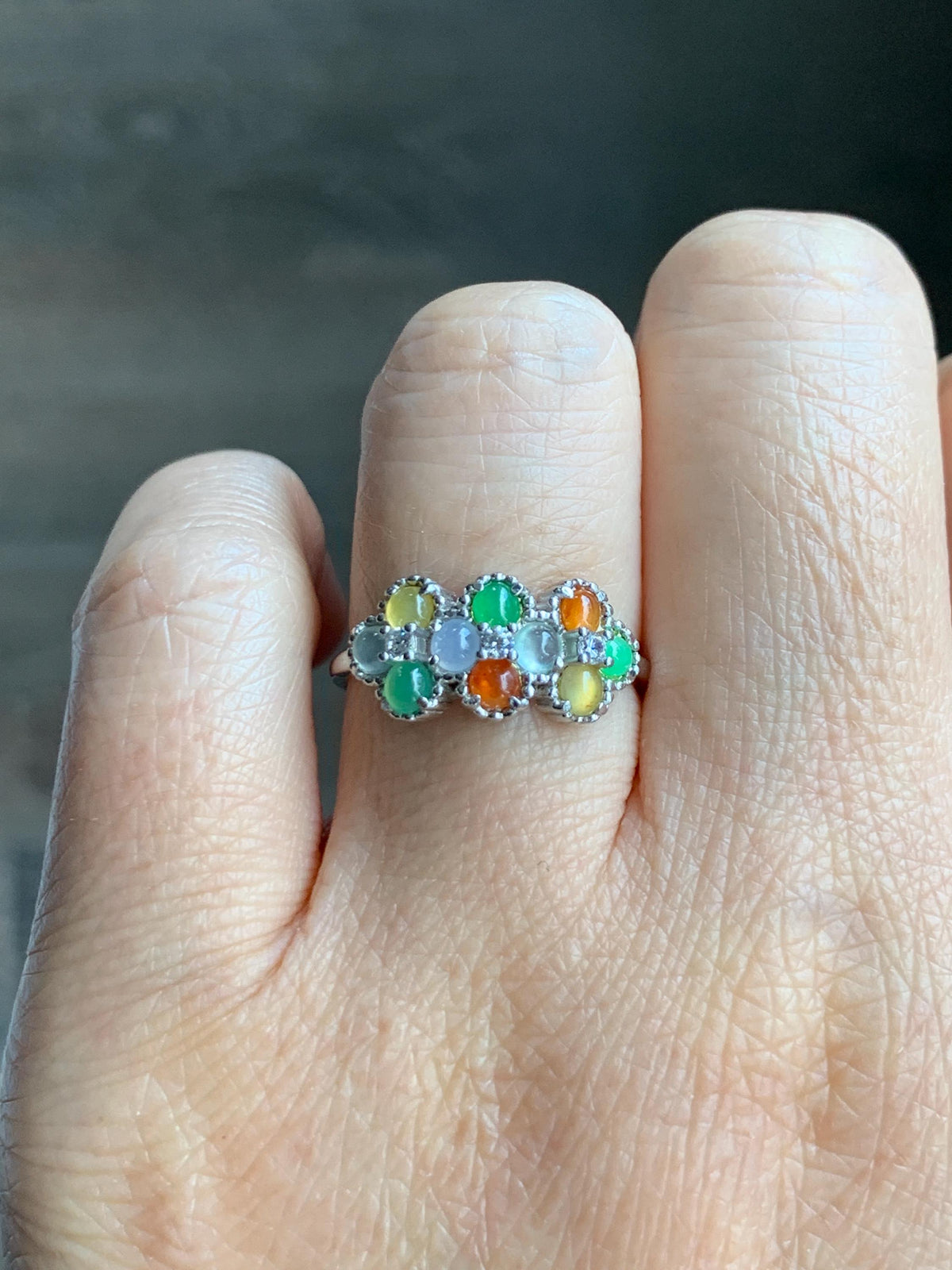 Certified Natural Grade A Icy Translucent Multicolored Jade Jadeite Ring Sterling Silver Size 7 US Adjustable 2.48g 天然冰多宝翡翠银镶戒指 1158