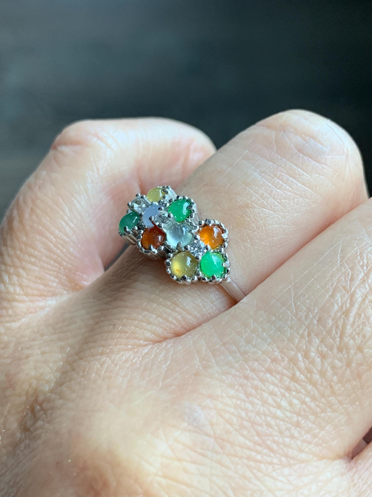 Certified Natural Grade A Icy Translucent Multicolored Jade Jadeite Ring Sterling Silver Size 7 US Adjustable 2.48g 天然冰多宝翡翠银镶戒指 1158