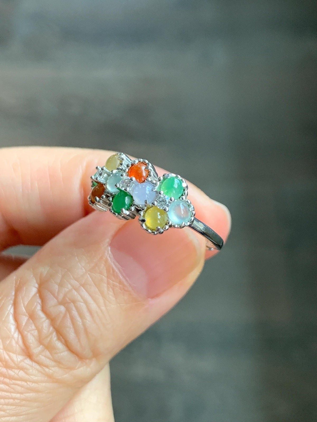 Certified Natural Grade A Icy Translucent Multicolored Jade Jadeite Ring Sterling Silver Size 7 US Adjustable 2.48g 天然冰多宝翡翠银镶戒指 1158