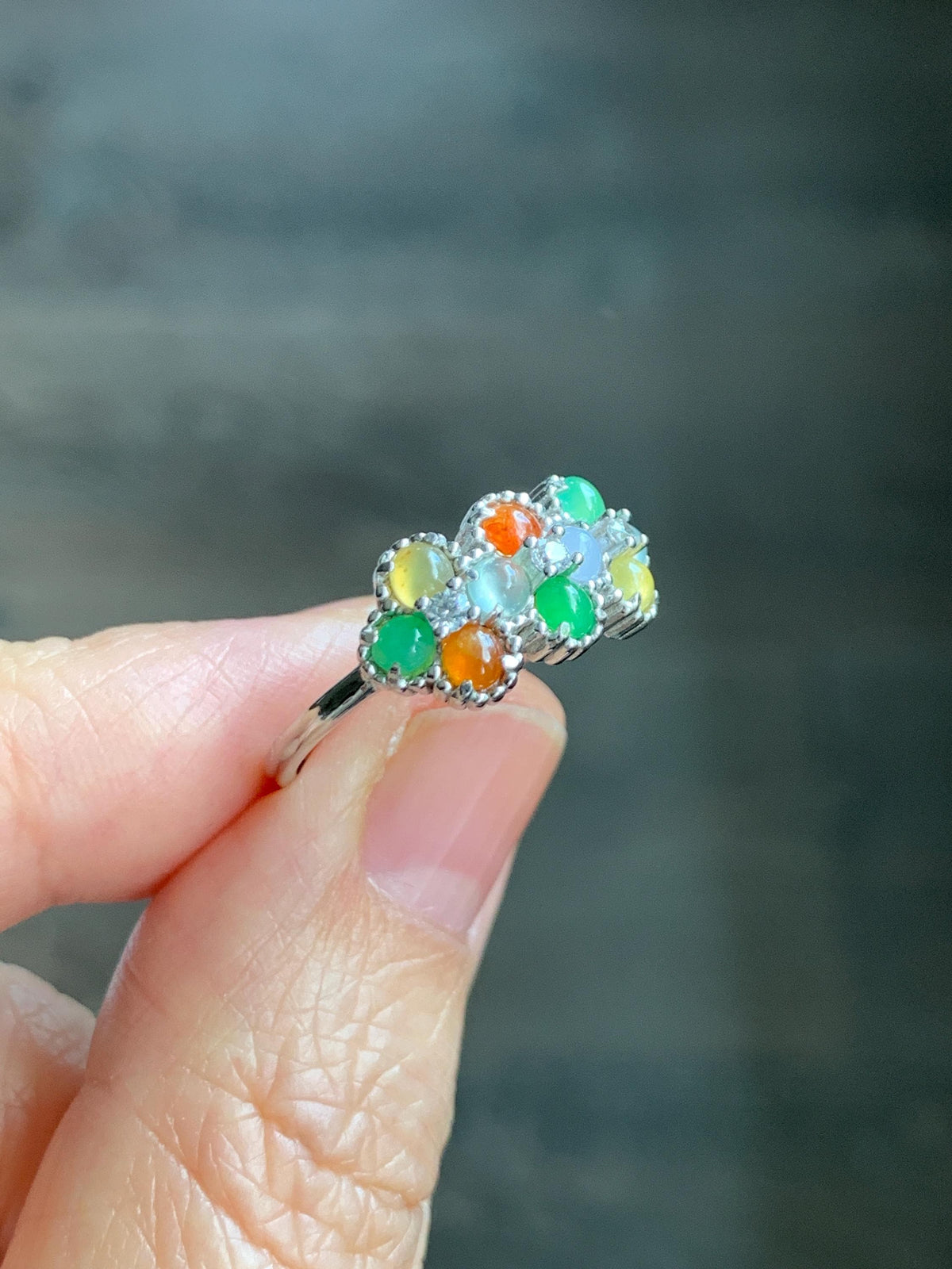Certified Natural Grade A Icy Translucent Multicolored Jade Jadeite Ring Sterling Silver Size 7 US Adjustable 2.48g 天然冰多宝翡翠银镶戒指 1158