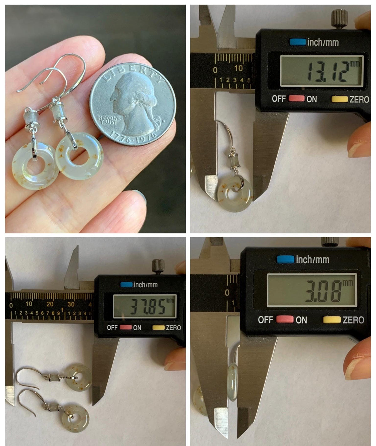 Natural Grade A Icy Translucent Beige Golden Marbled Jade Jadeite Ping An Kou Donut Dangle Earrings Sterling Silver 3g 天然冰胶撒金翡翠平安扣耳钩 MSJ212