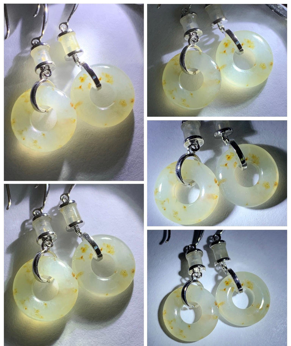 Natural Grade A Icy Translucent Beige Golden Marbled Jade Jadeite Ping An Kou Donut Dangle Earrings Sterling Silver 3g 天然冰胶撒金翡翠平安扣耳钩 MSJ212