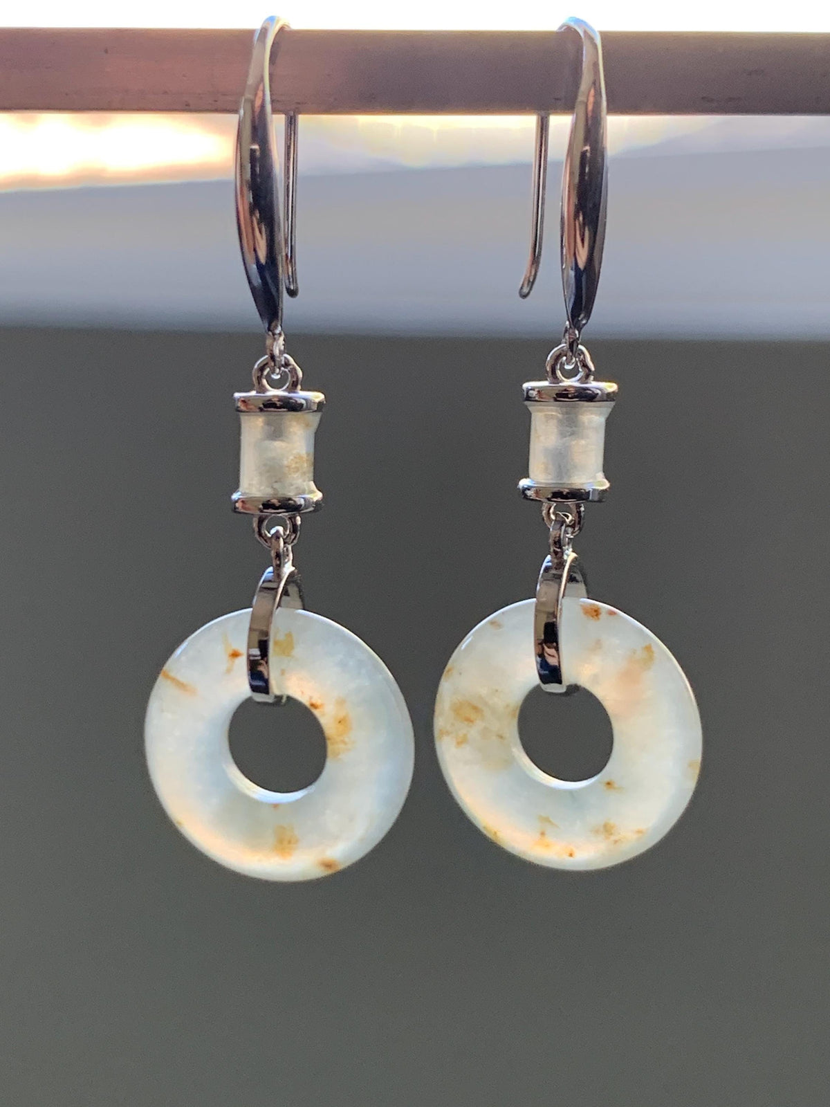 Natural Grade A Icy Translucent Beige Golden Marbled Jade Jadeite Ping An Kou Donut Dangle Earrings Sterling Silver 3g 天然冰胶撒金翡翠平安扣耳钩 MSJ212