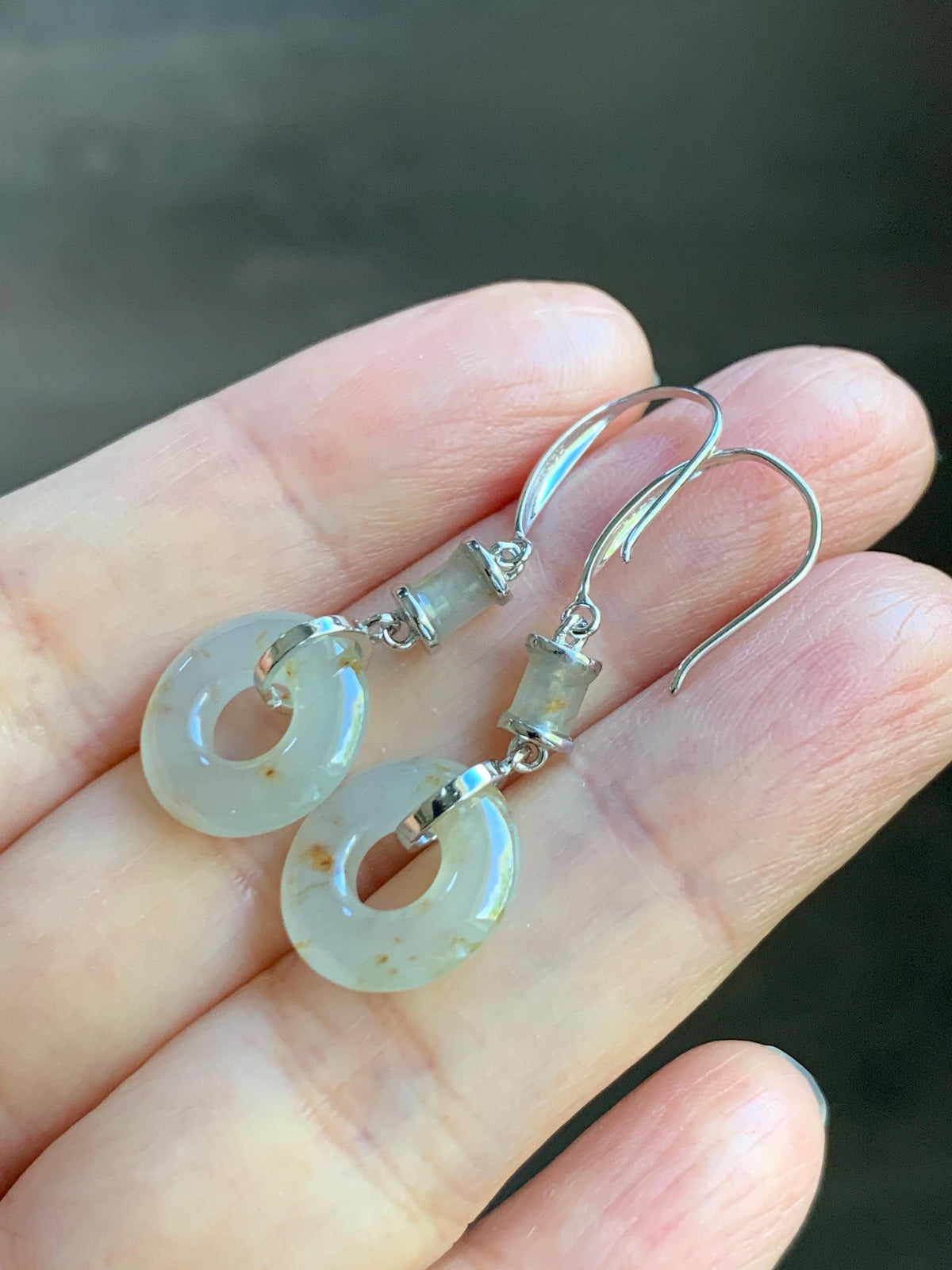 Natural Grade A Icy Translucent Beige Golden Marbled Jade Jadeite Ping An Kou Donut Dangle Earrings Sterling Silver 3g 天然冰胶撒金翡翠平安扣耳钩 MSJ212