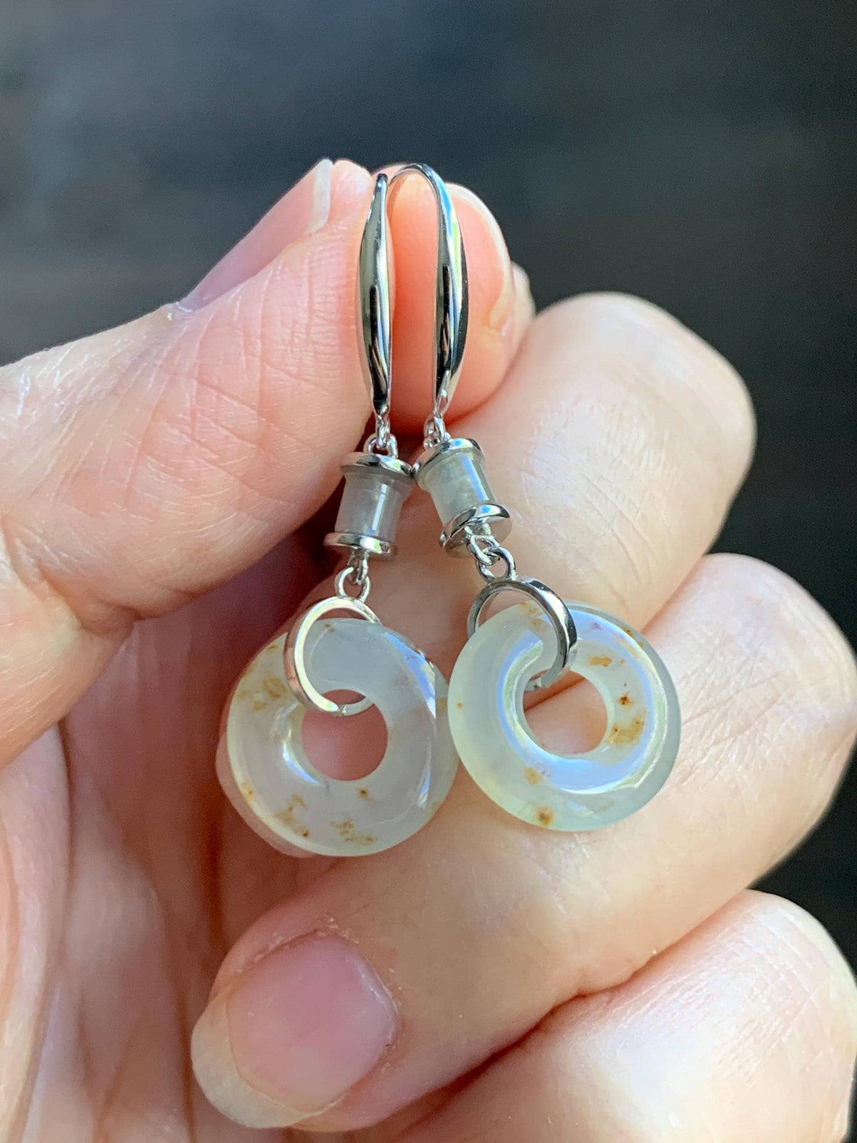 Natural Grade A Icy Translucent Beige Golden Marbled Jade Jadeite Ping An Kou Donut Dangle Earrings Sterling Silver 3g 天然冰胶撒金翡翠平安扣耳钩 MSJ212