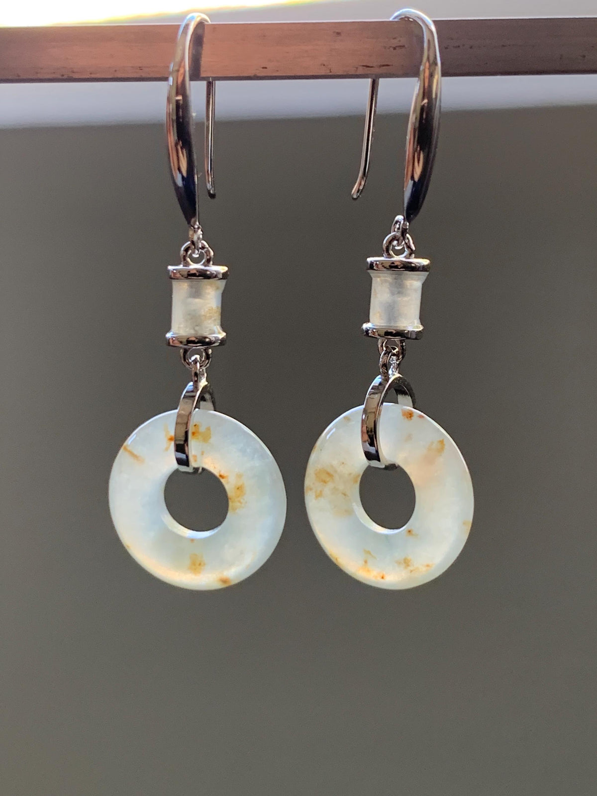 Natural Grade A Icy Translucent Beige Golden Marbled Jade Jadeite Ping An Kou Donut Dangle Earrings Sterling Silver 3g 天然冰胶撒金翡翠平安扣耳钩 MSJ212