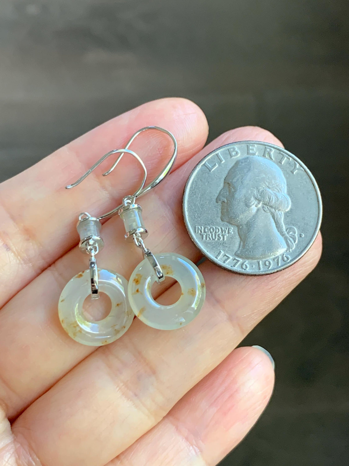 Natural Grade A Icy Translucent Beige Golden Marbled Jade Jadeite Ping An Kou Donut Dangle Earrings Sterling Silver 3g 天然冰胶撒金翡翠平安扣耳钩 MSJ212