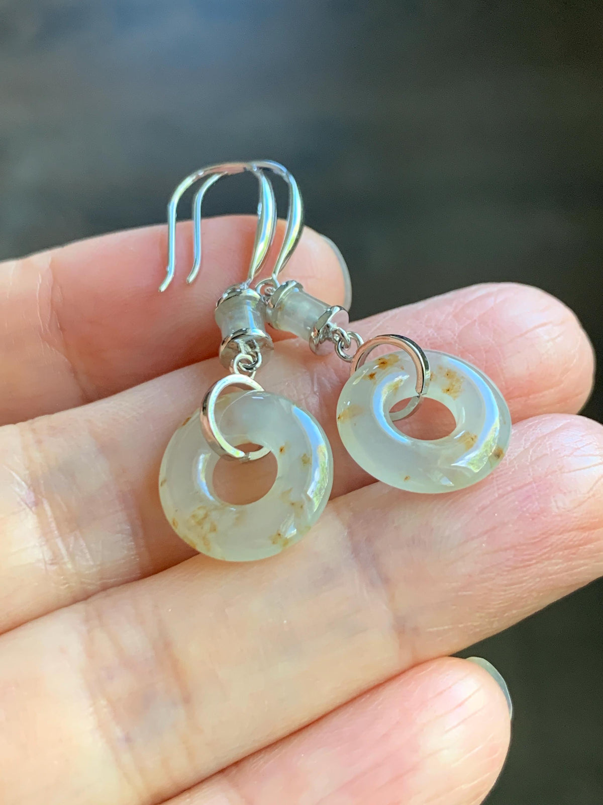Natural Grade A Icy Translucent Beige Golden Marbled Jade Jadeite Ping An Kou Donut Dangle Earrings Sterling Silver 3g 天然冰胶撒金翡翠平安扣耳钩 MSJ212