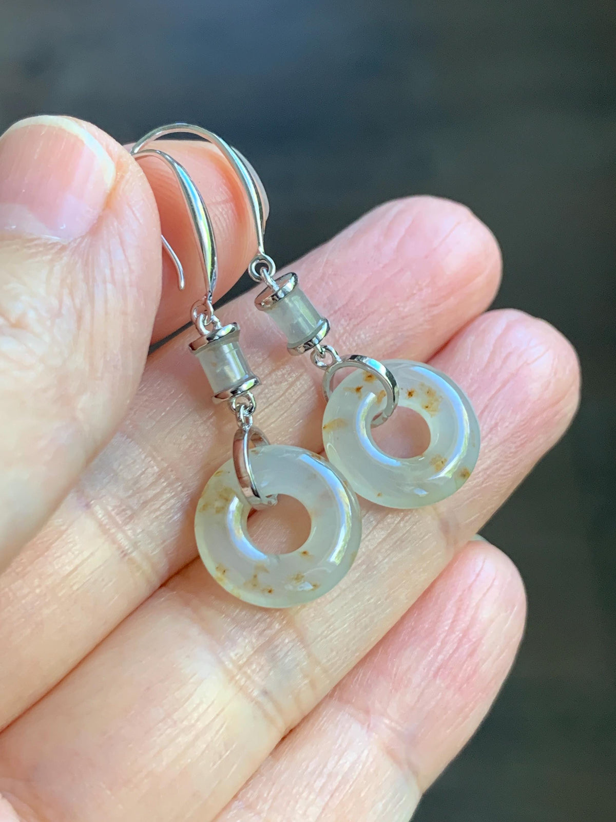 Natural Grade A Icy Translucent Beige Golden Marbled Jade Jadeite Ping An Kou Donut Dangle Earrings Sterling Silver 3g 天然冰胶撒金翡翠平安扣耳钩 MSJ212