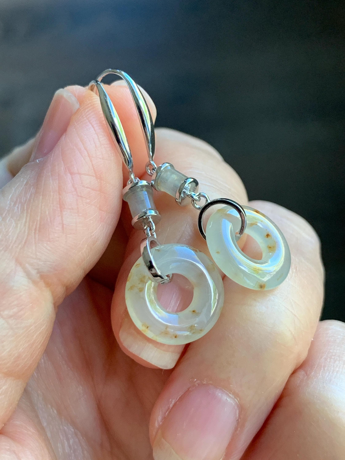 Natural Grade A Icy Translucent Beige Golden Marbled Jade Jadeite Ping An Kou Donut Dangle Earrings Sterling Silver 3g 天然冰胶撒金翡翠平安扣耳钩 MSJ212